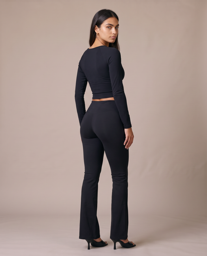 Conjunto Top Cruzado y Pantalon Acampanado color Black (Top+Pants), vista de espalda