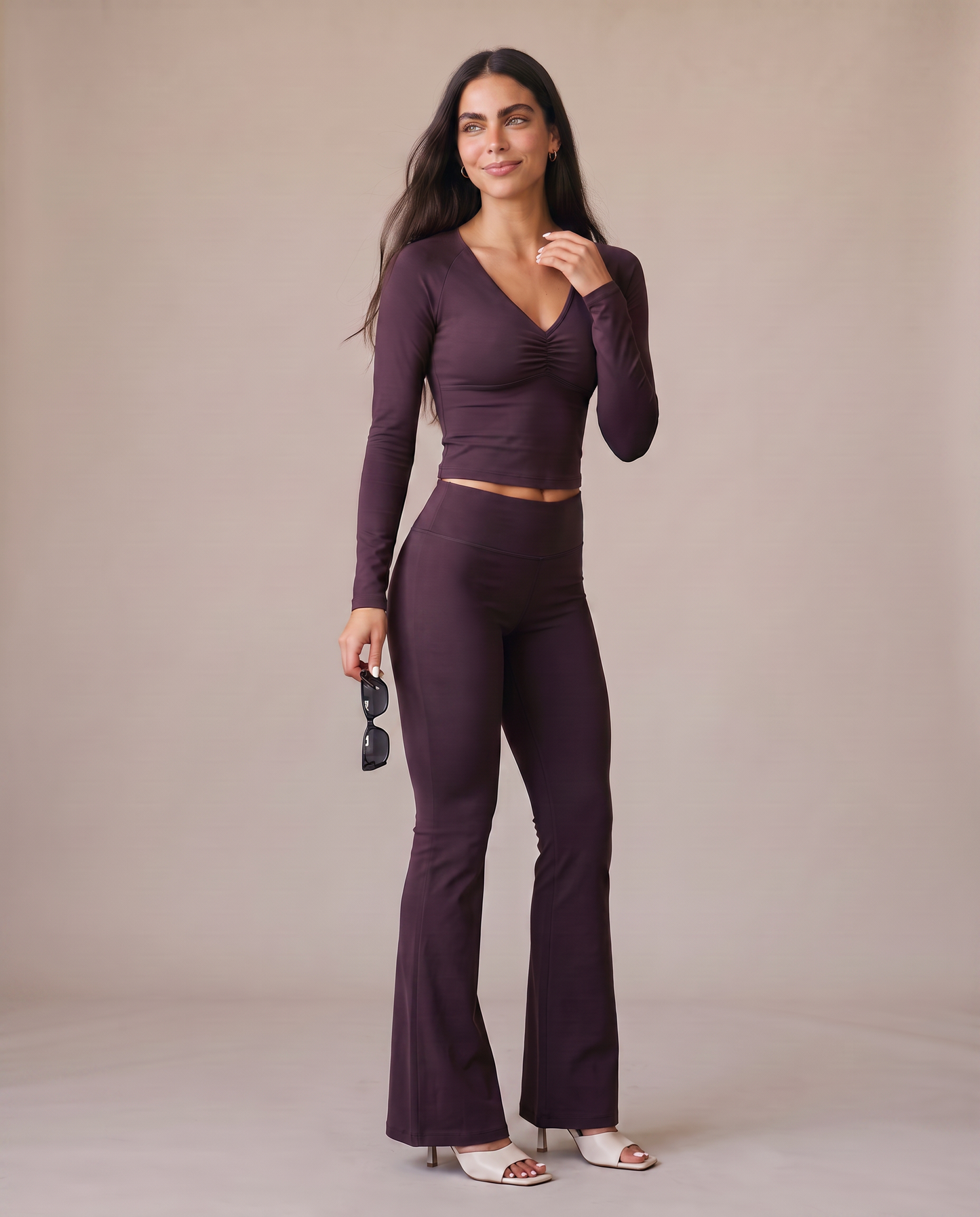 Conjunto Top Cruzado y Pantalon Acampanado color Dark Purple(Top+Pants), vista frontal